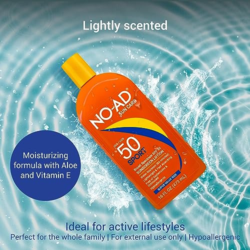 NO-AD SPF 50 SPORT Sunscreen Lotion – Hypoallergenic, Broad Spectrum UVA/UVB, Water Resistant, 16oz Pack of 2