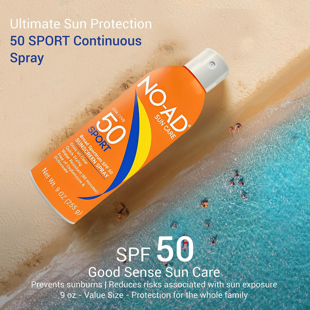 NO-AD SPORT SPF 50 Sunscreen Spray – Non-Greasy, Waterproof, 9 oz (2-Pack)