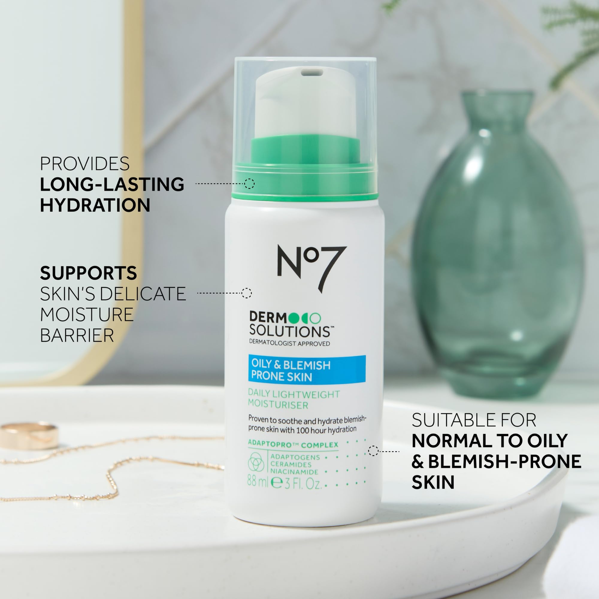 No7 Derm Solutions Daily Face Moisturizer – Hydrating Ceramides & Niacinamide for Oily, Blemish-Prone Skin (3 oz)