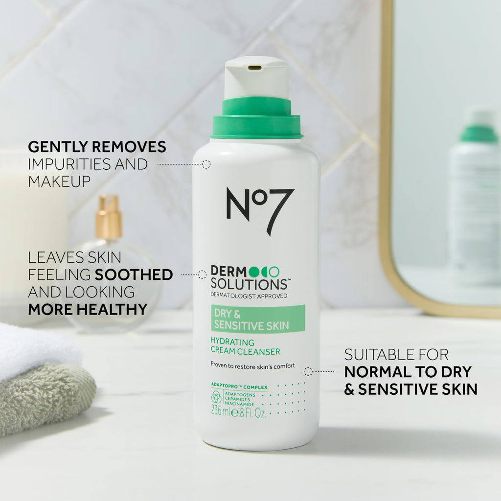 No7 Derm Solutions Hydrating Facial Cleanser – Ceramides, Niacinamide & Adaptogens for Dry & Sensitive Skin | 16 oz