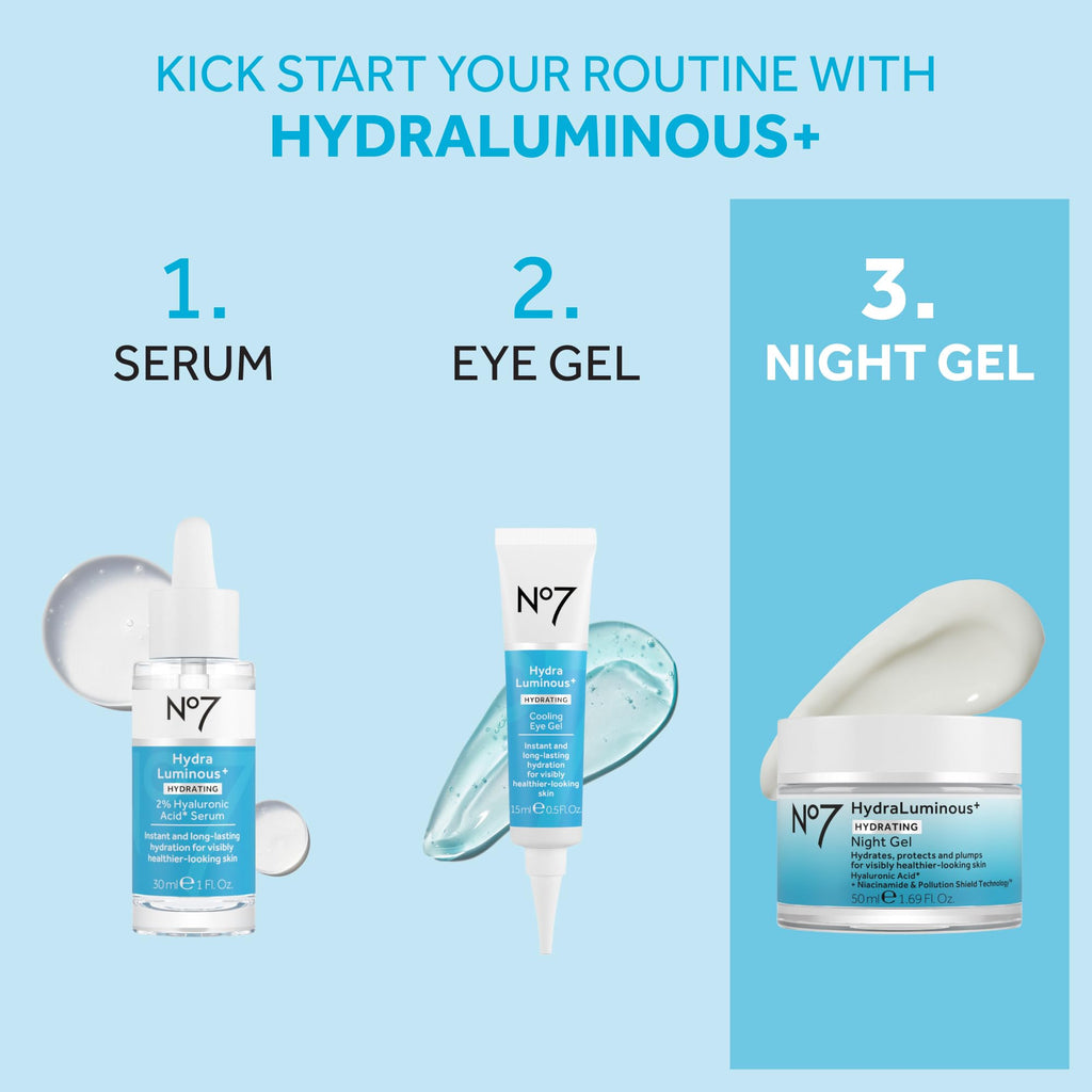 No7 HydraLuminous+ Night Gel Moisturizer – Hyaluronic Acid & Niacinamide, 1.69 fl oz