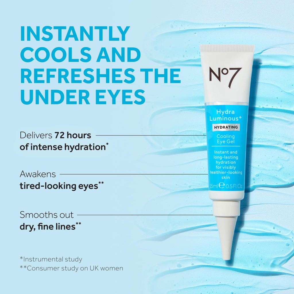 No7 HydraLuminous+ Cooling Under Eye Gel - Hydration with Hyaluronic Acid & Niacinamide for Fresh-Looking Eyes | 0.5 Fl Oz