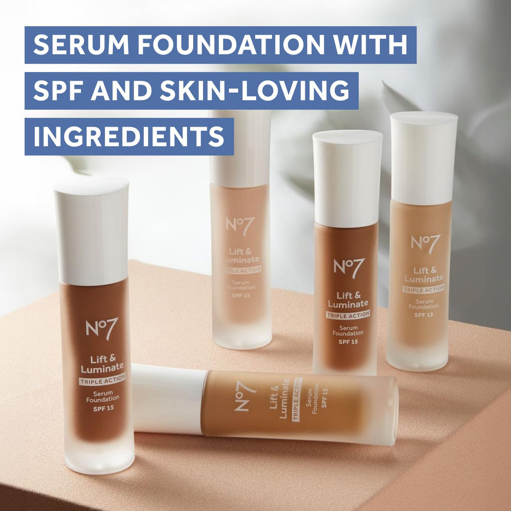 No7 Lift & Luminate Triple Action Serum Foundation - Umber | Dewy Base with SPF 15