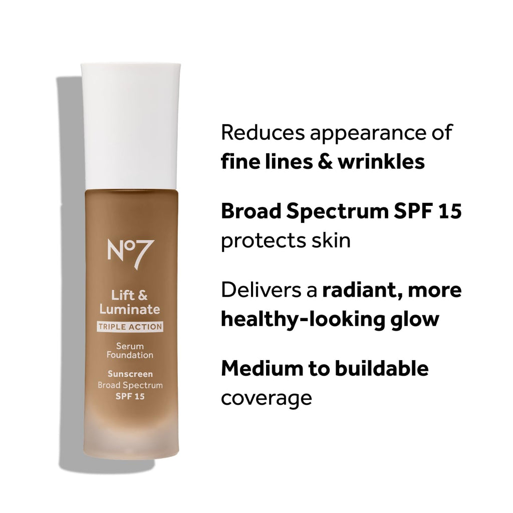 No7 Lift & Luminate Triple Action Serum Foundation SPF 15 – Dewy Glow for Mature Skin (Cashew, 30ml)