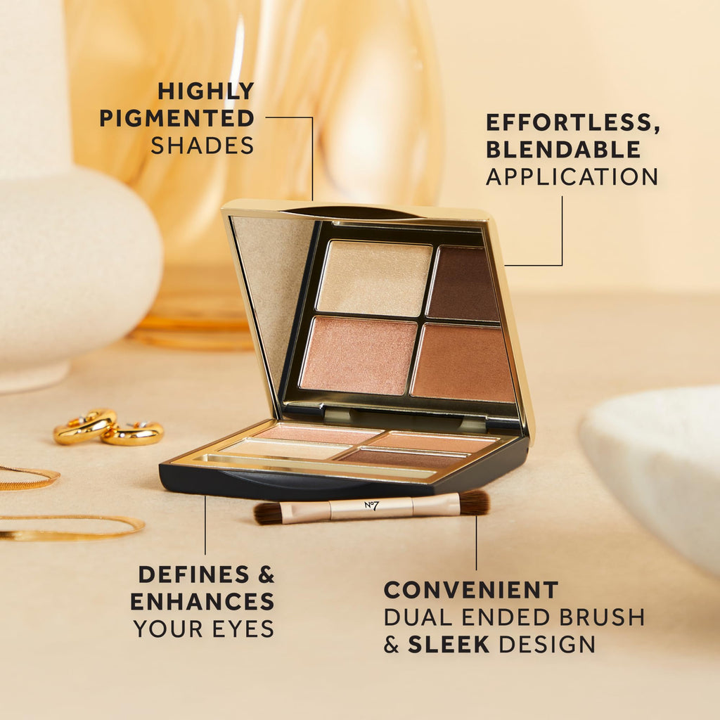 No7 Pro Artist Eyeshadow Palette — High-Pigment 4-in-1 Neutral Matte & Shimmer Shades, Travel-Size With Dual-Ended Brush