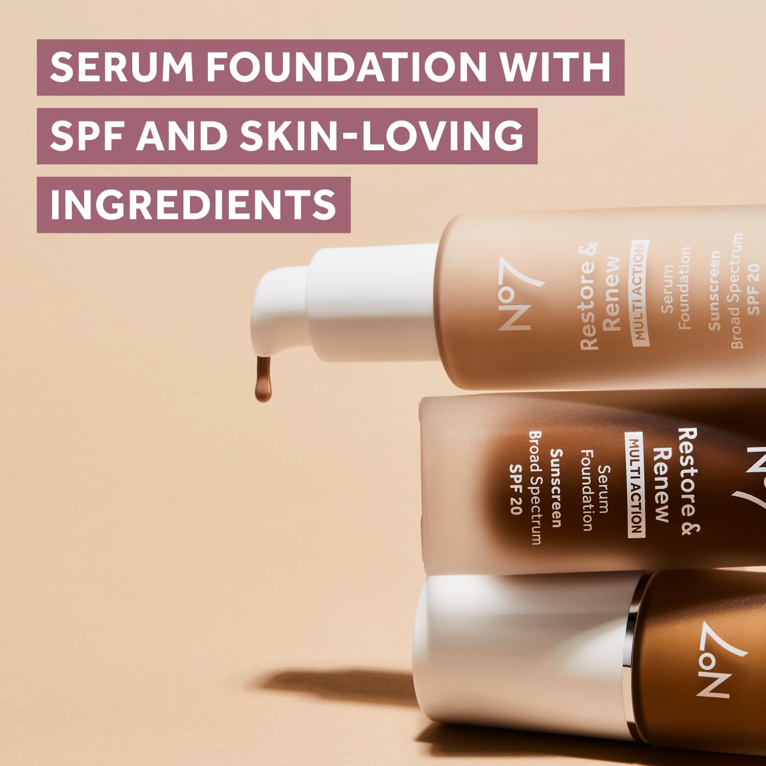 No7 Restore & Renew Multi Action Serum Foundation Calico – Medium Coverage with Vitamin C, Vitamin E & Collagen, SPF 20