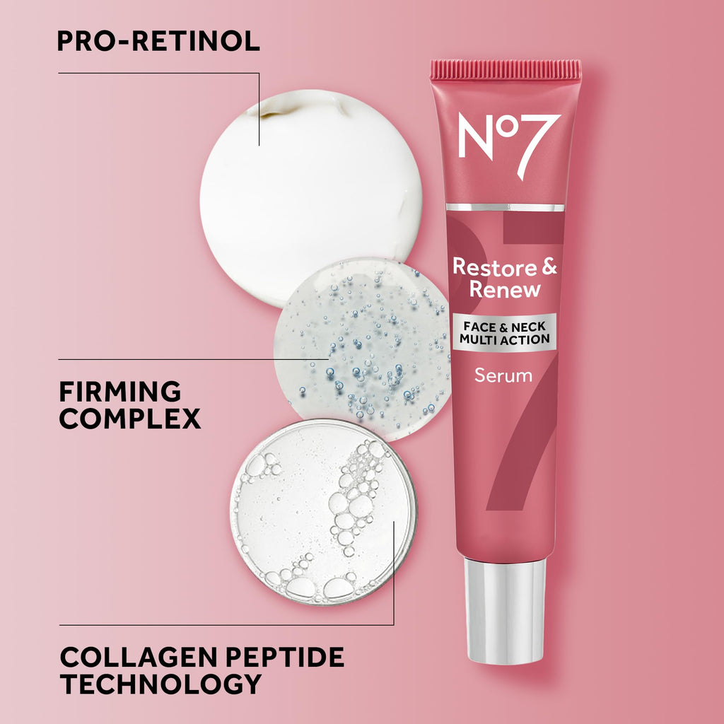 No7 Restore & Renew Multi-Action Serum – Firming Face & Neck, Hibiscus Peptides & Hyaluronic Acid
