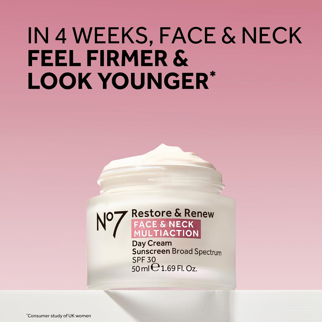 No7 Restore & Renew SPF 30 Day Cream – Firming Hydration with Hyaluronic Acid (Fragrance-Free)