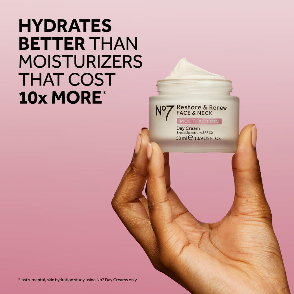 No7 Restore & Renew SPF 30 Day Cream – Firming Hydration with Hyaluronic Acid (Fragrance-Free)