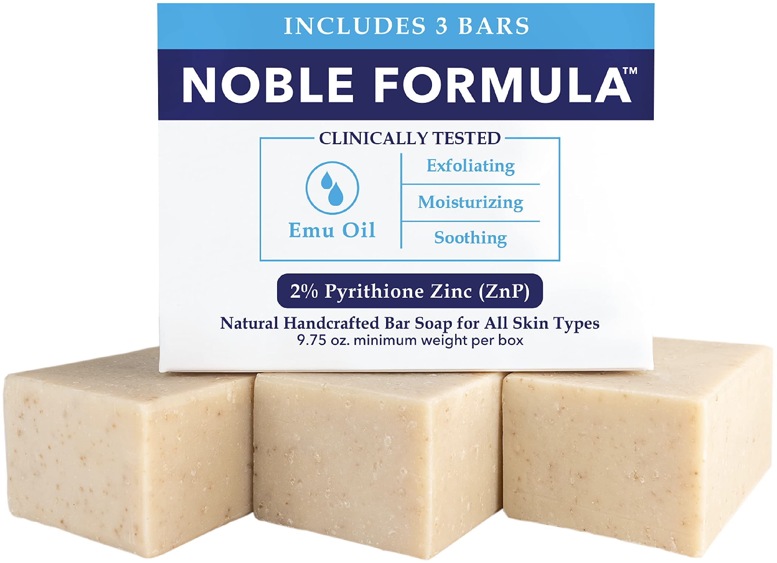 Noble Formula 2% Pyrithione Zinc Bar Soap with Emu Oil – 3 Bars (9.75 oz) for Acne, Psoriasis & Eczema