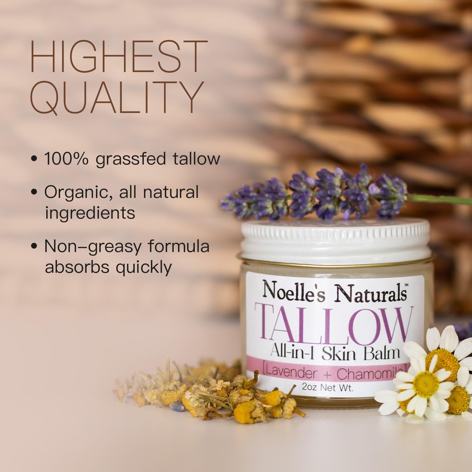 Noelle's Naturals Organic Tallow Balm - Lavender Chamomile, 2oz Jar | All-In-One Skin Moisturizer