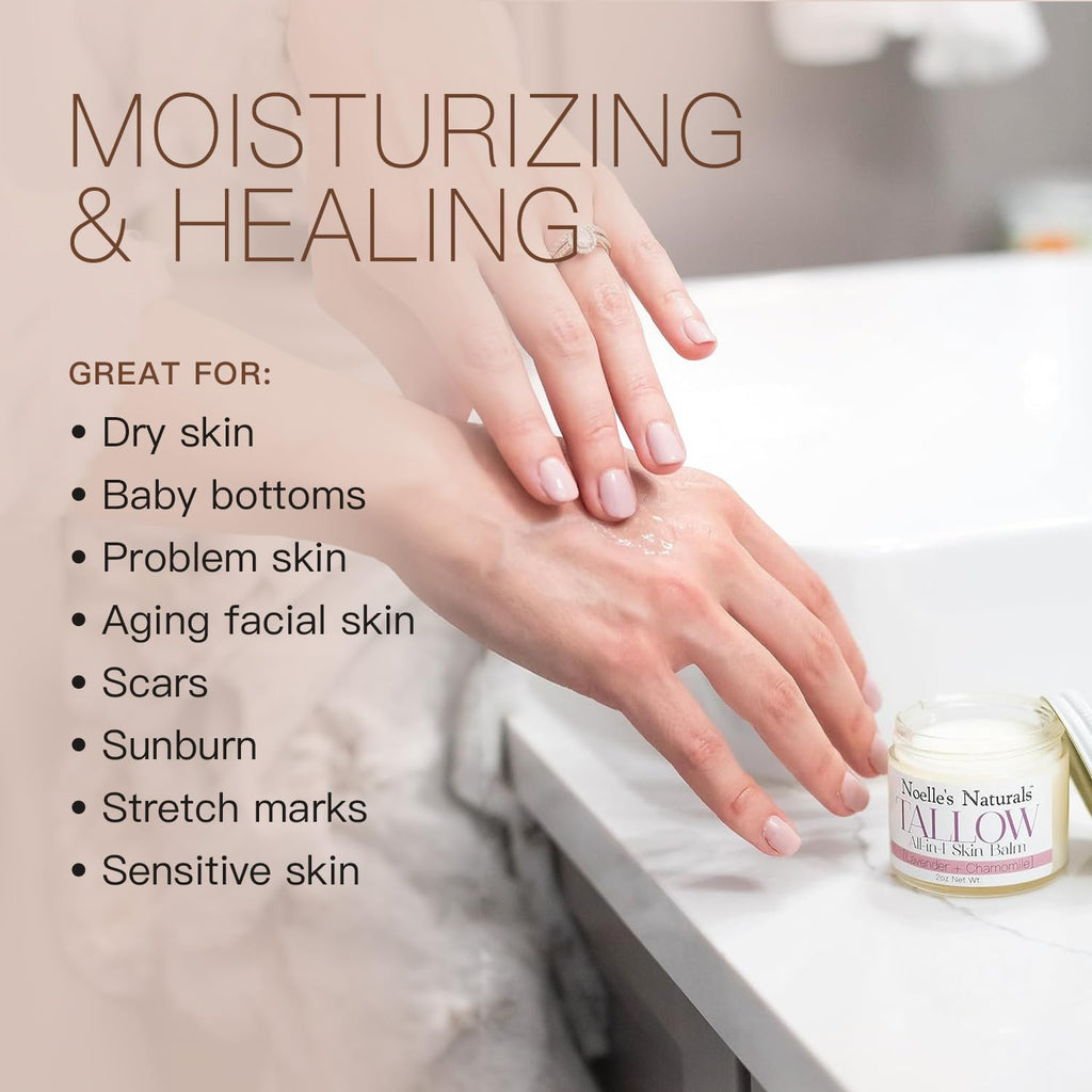 Noelle's Naturals Organic Tallow Balm - Lavender Chamomile, 2oz Jar | All-In-One Skin Moisturizer