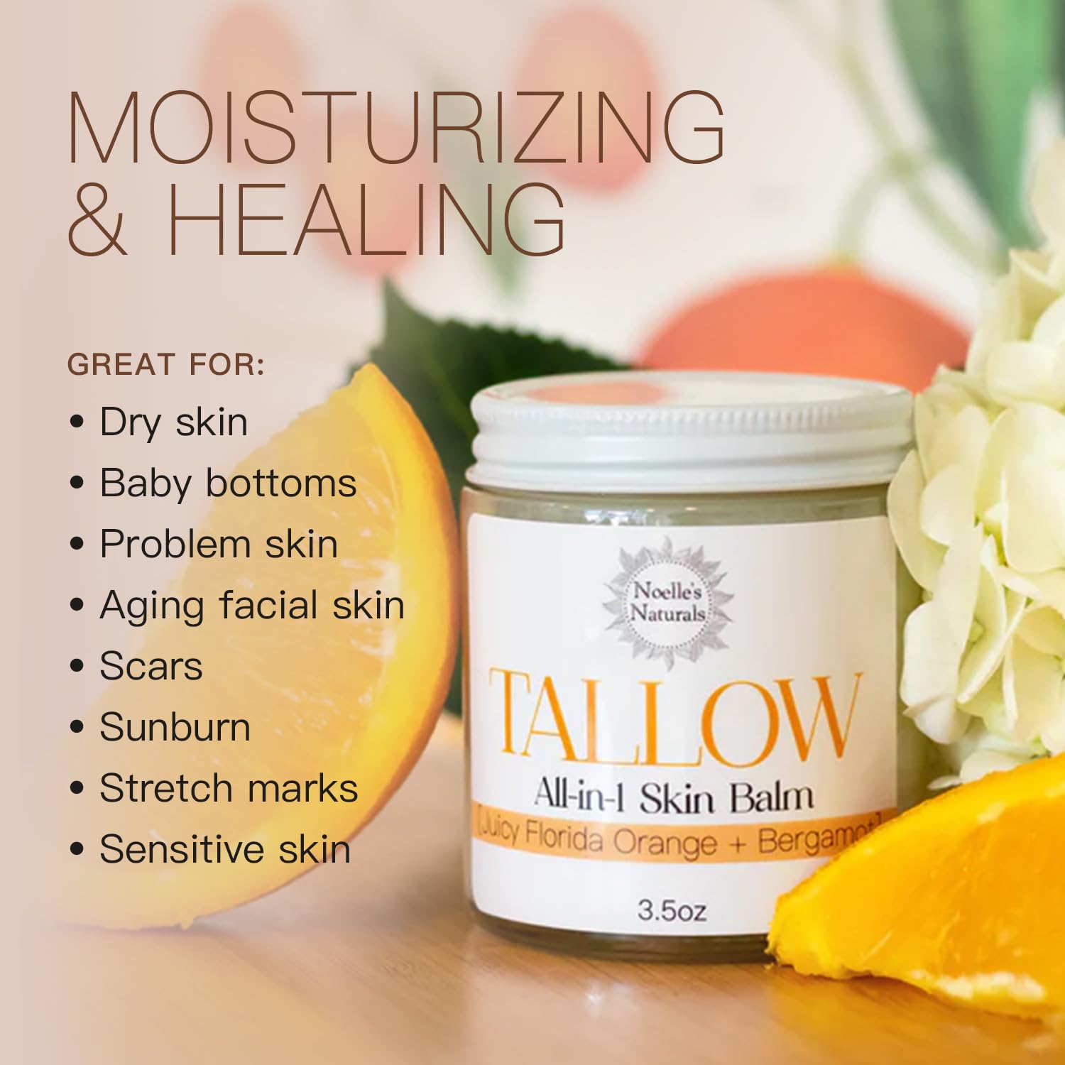 Noelle's Naturals Tallow Balm – Organic Grass-Fed Tallow, 3.5oz, Orange + Bergamot