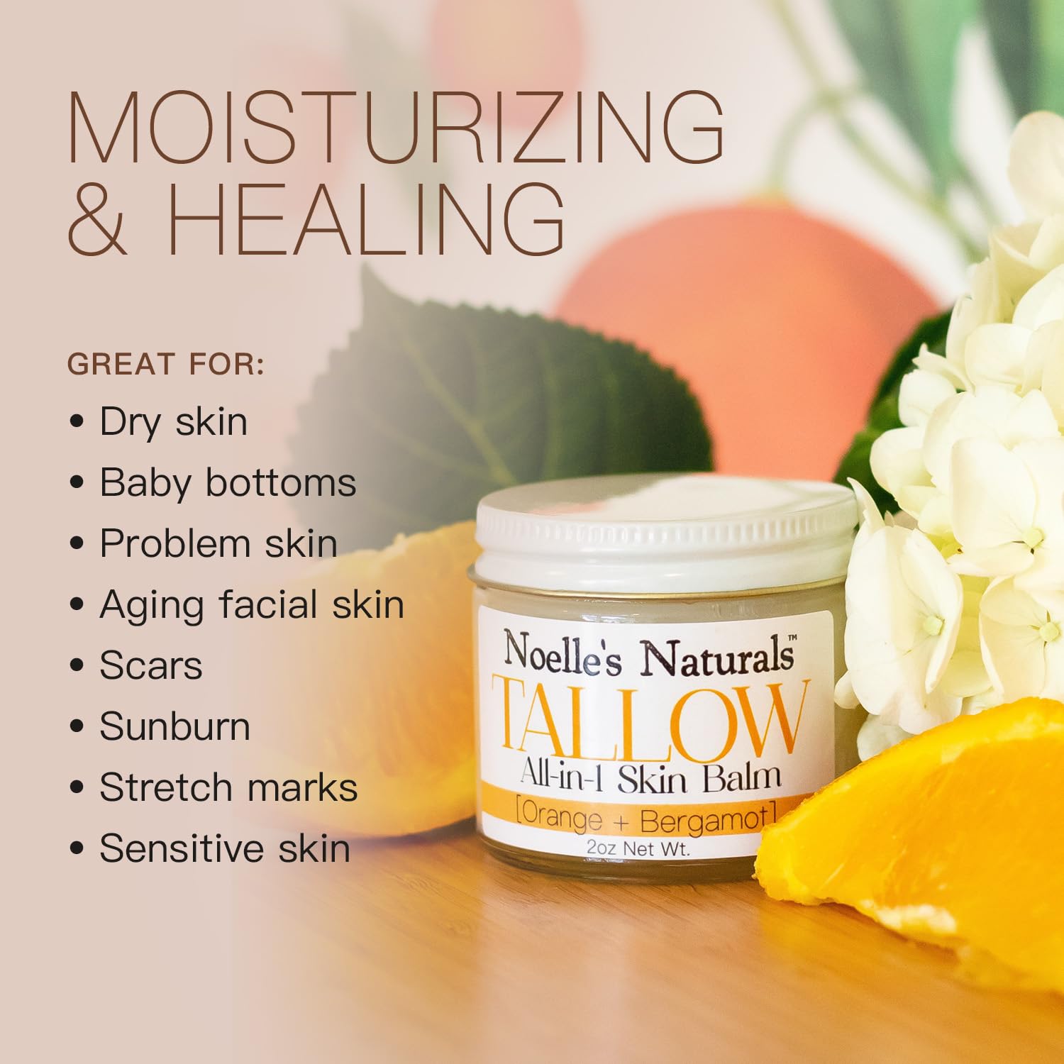 Noelle's Naturals Tallow Balm – 100% Organic Grass-Fed Tallow, Orange Bergamot, 2oz