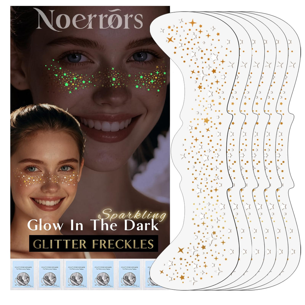 Noerrors 6pcs Glitter Freckles Glow-in-the-Dark Temporary Tattoos – Gold Star Sparkle Patches for Party