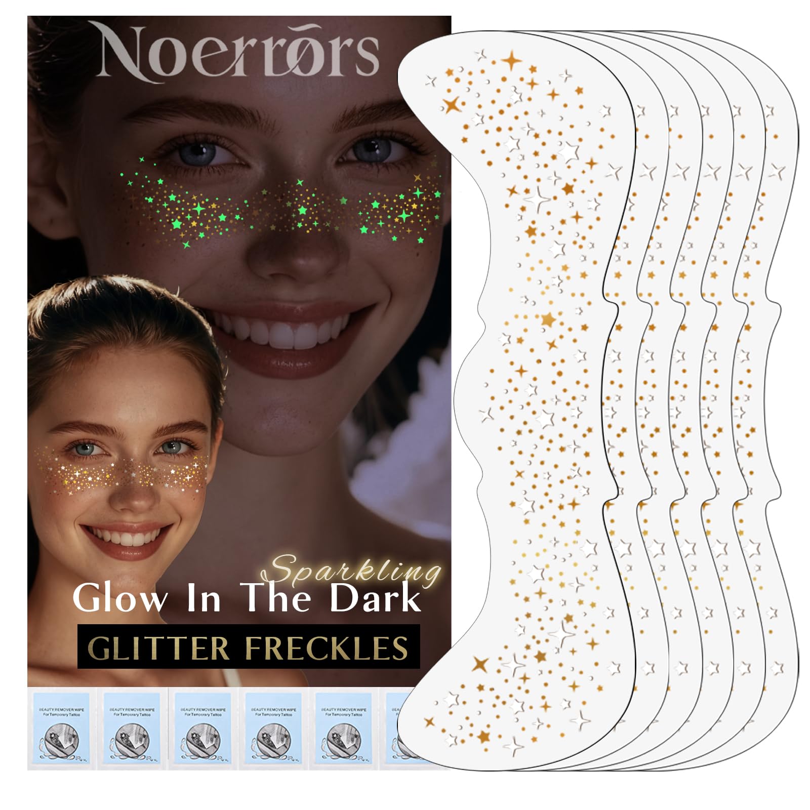 Noerrors 6pcs Glitter Freckles Glow-in-the-Dark Temporary Tattoos – Gold Star Sparkle Patches for Party