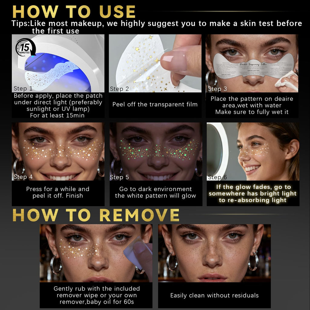 Noerrors 6pcs Glitter Freckles Glow-in-the-Dark Temporary Tattoos – Gold Star Sparkle Patches for Party