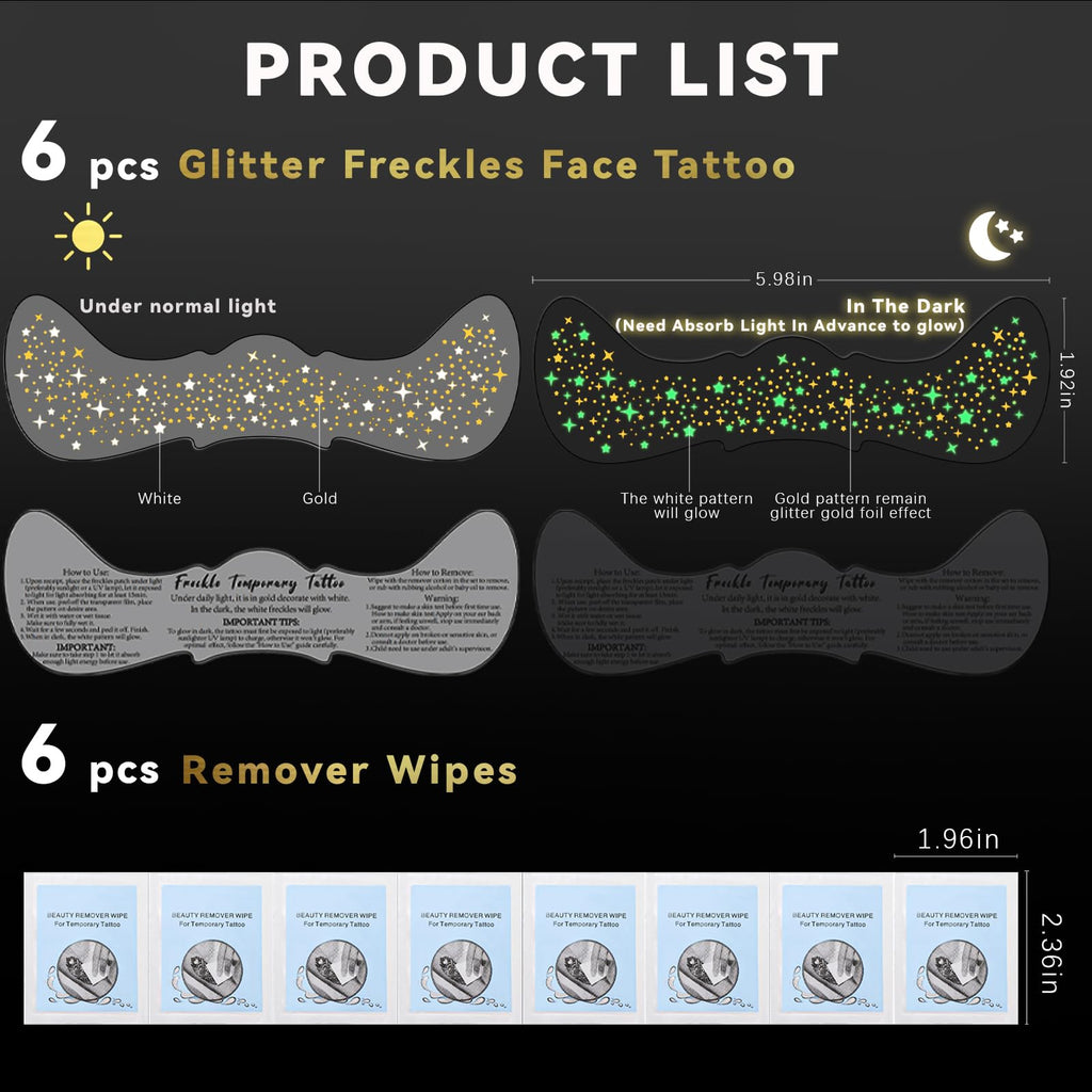 Noerrors 6pcs Glitter Freckles Glow-in-the-Dark Temporary Tattoos – Gold Star Sparkle Patches for Party