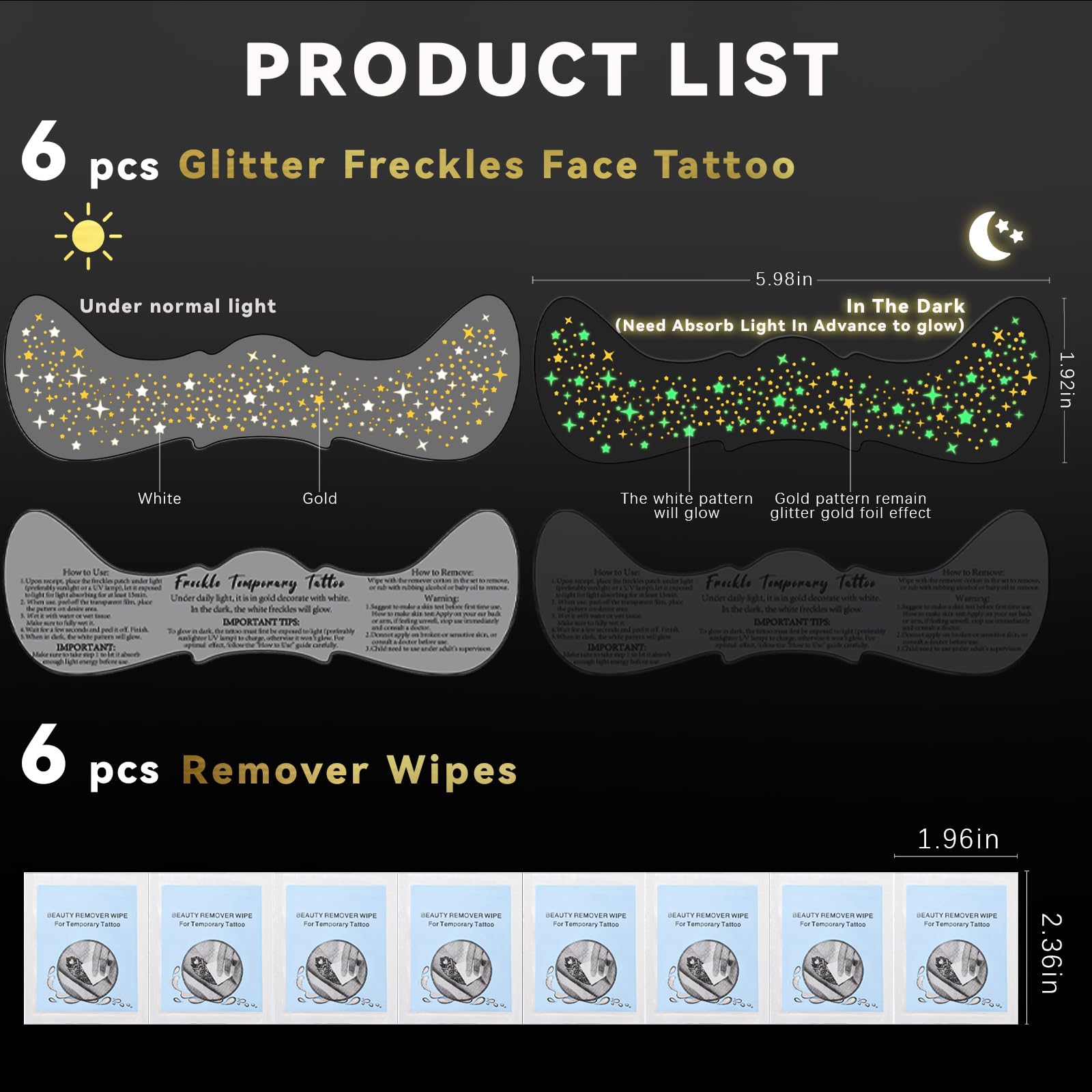 Noerrors 6pcs Glitter Freckles Glow-in-the-Dark Temporary Tattoos – Gold Star Sparkle Patches for Party
