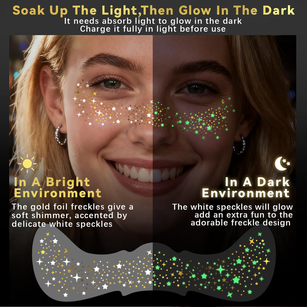 Noerrors 6pcs Glitter Freckles Glow-in-the-Dark Temporary Tattoos – Gold Star Sparkle Patches for Party