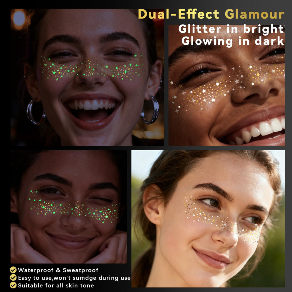 Noerrors 6pcs Glitter Freckles Glow-in-the-Dark Temporary Tattoos – Gold Star Sparkle Patches for Party