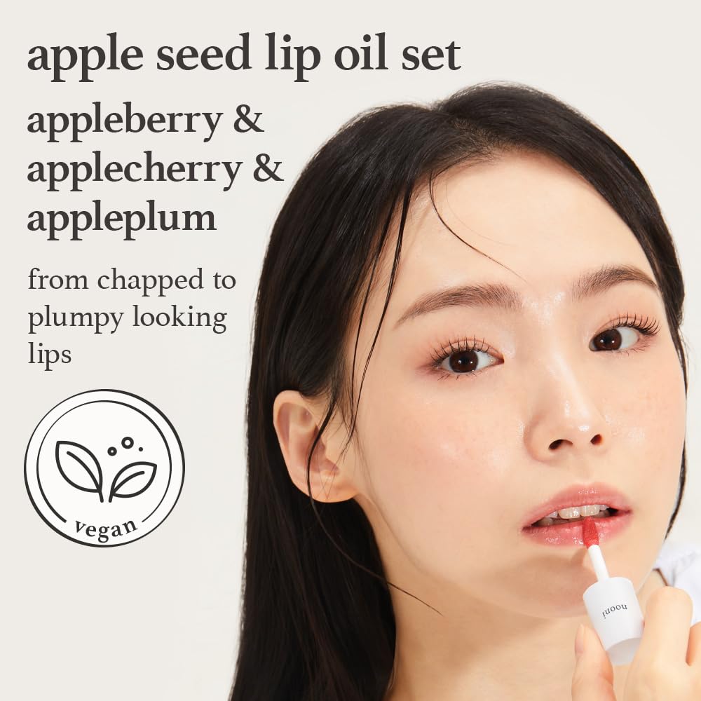 NOONI Vegan Appleseed Lip Oil Set – Appleberry, Applecherry & Appleplum | Long-Lasting Moisture, Plumping & Gloss