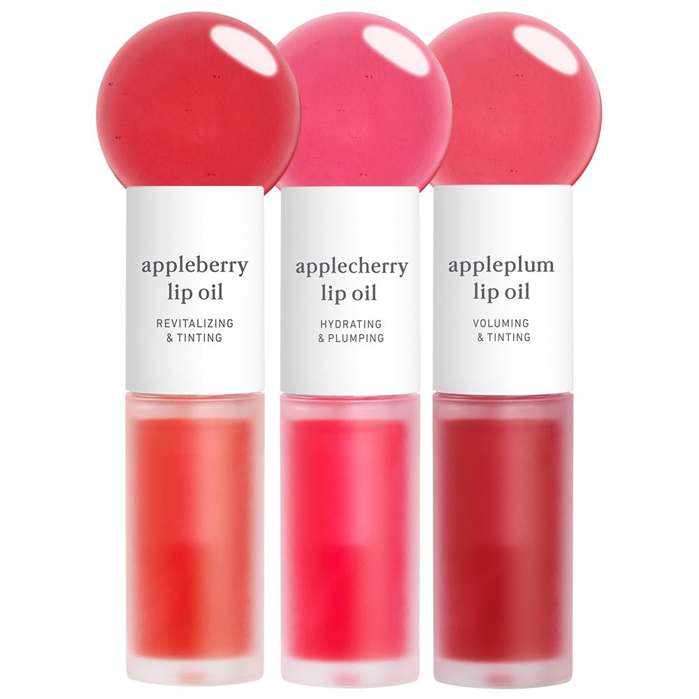 NOONI Vegan Appleseed Lip Oil Set – Appleberry, Applecherry & Appleplum | Long-Lasting Moisture, Plumping & Gloss