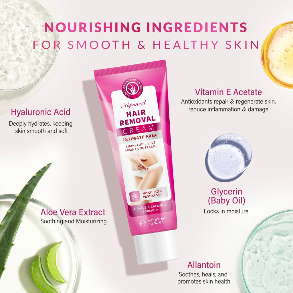 NOPUNZEL Hair Removal Cream for Women – Fast, Painless Bikini & Body Removal (5.3 oz)