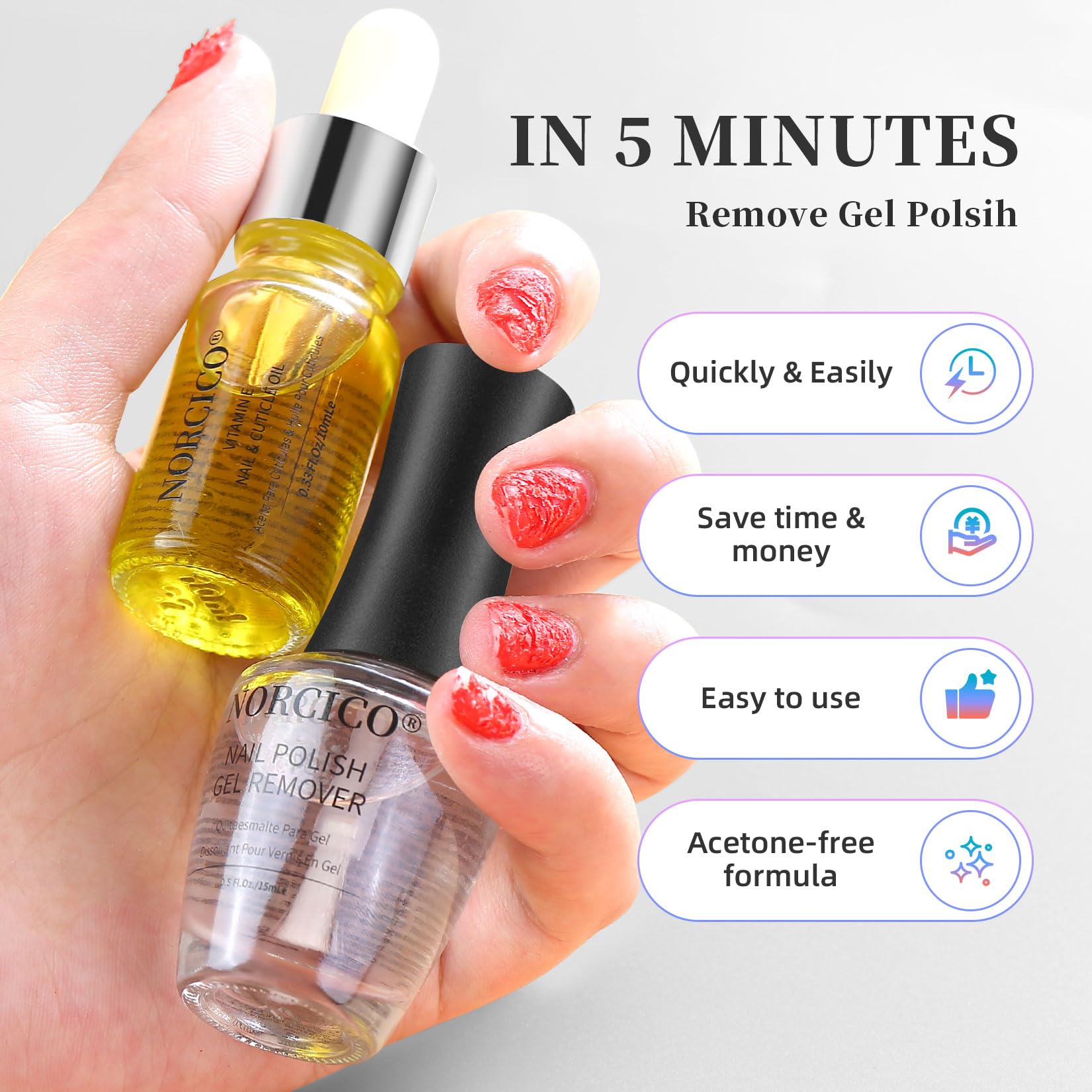 NORCICO Gel Polish Remover Kit — Fast, Low Odor, 2–5 Min Removal with Cuticle Oil & Tools