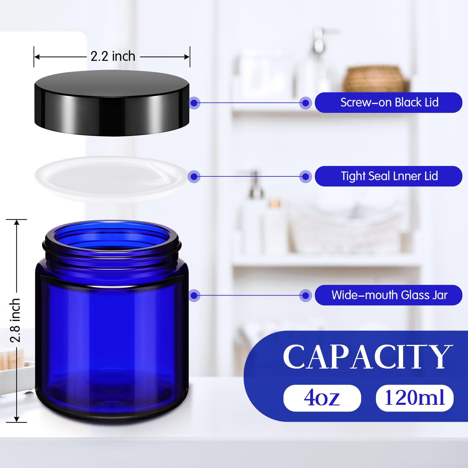 Norme 24-Pack 4 oz Glass Jars with Lids – Leakproof, Airtight Storage (Blue/Black)