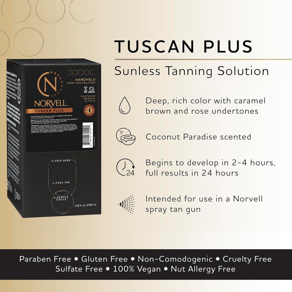 Norvell Tuscan Plus Spray Tan Solution 128 fl oz | Professional Sunless Tanning with Caramel Brown & Rose – Instant Color, Long-Lasting, Streak-Free