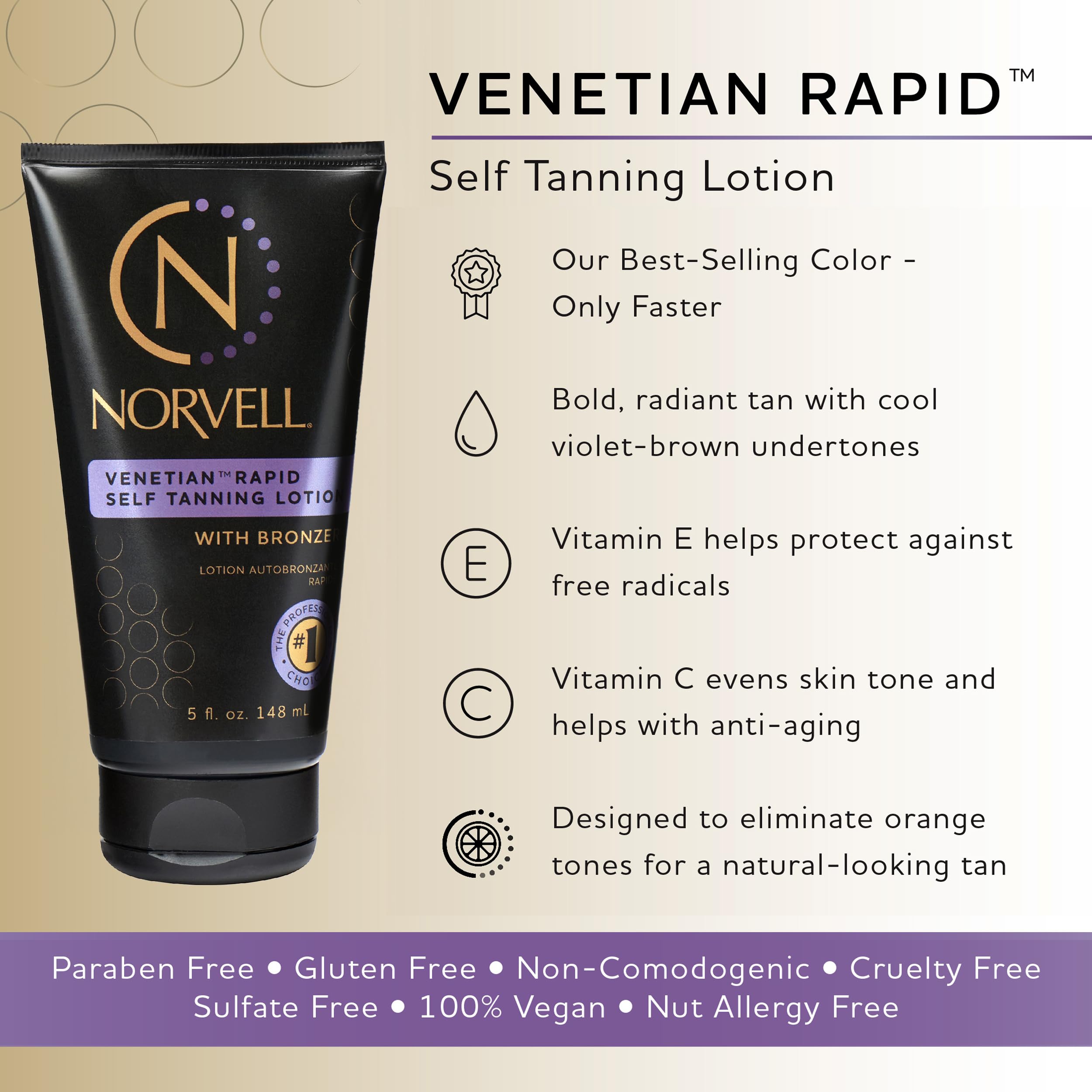 Norvell Venetian Rapid Sunless Self Tanner Lotion 5 oz – Fast Acting, Streak-Free Bronze Glow