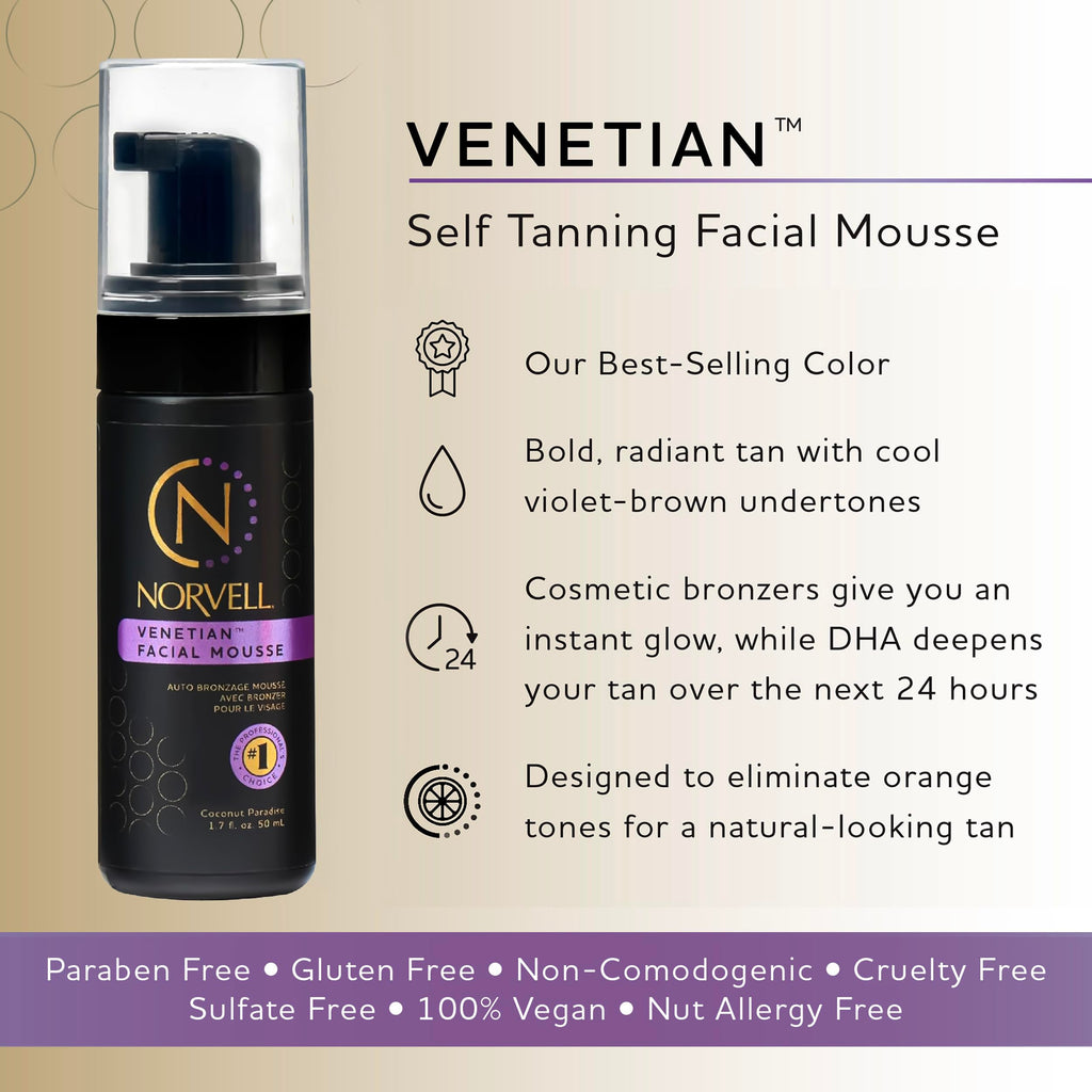 Norvell Venetian Sunless Facial Mousse with Bronzer – Instant Natural-Looking Tan (1.7 oz)