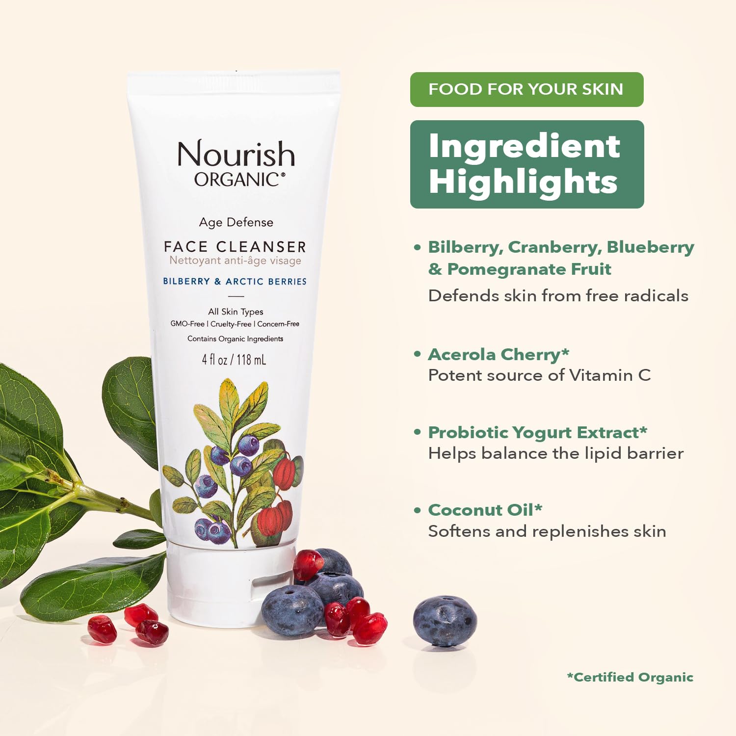 Nourish Organic Face Cleanser – Bilberry & Arctic Berries Anti-Aging Foaming Wash
