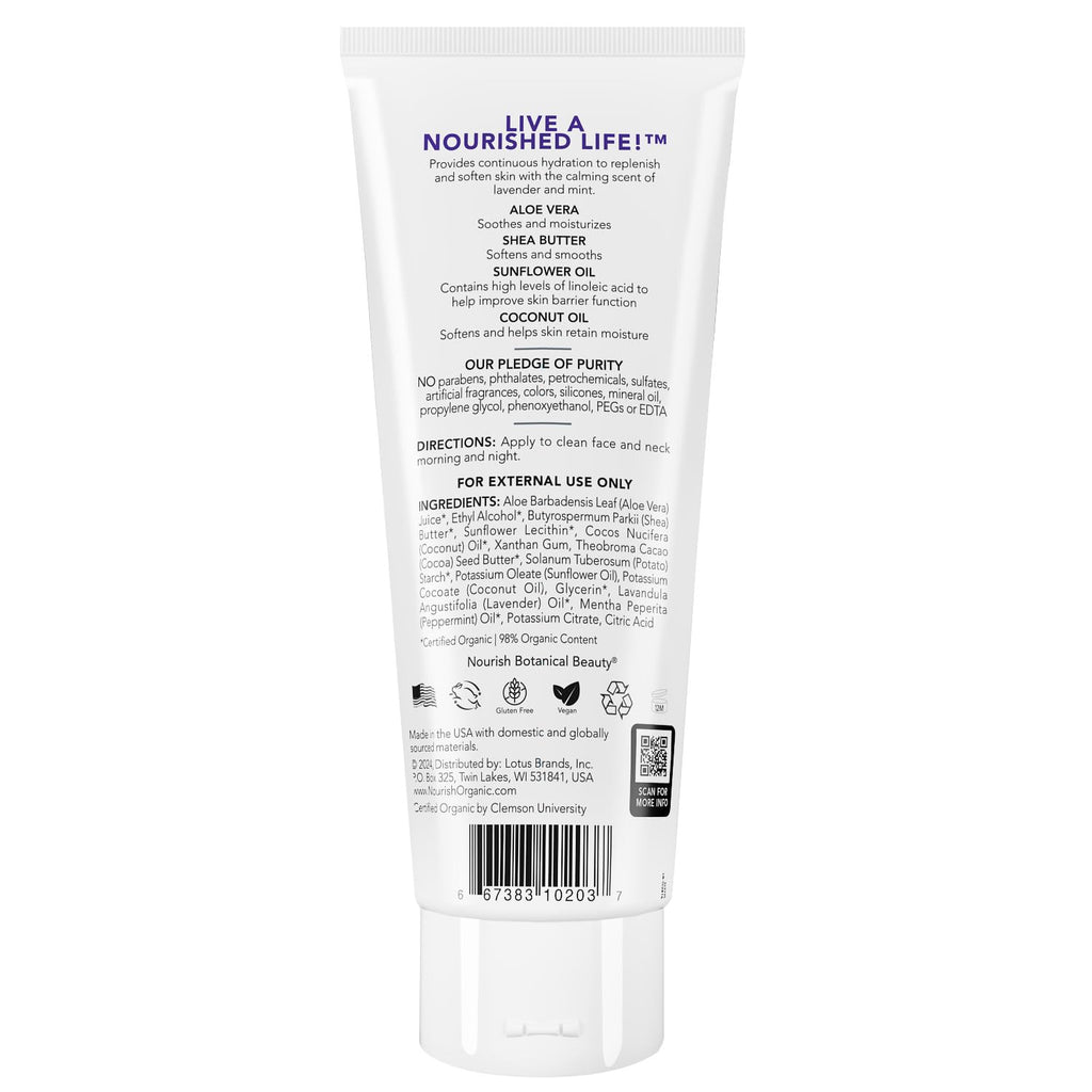Nourish Organic Lavender Mint Body Lotion – Hydrating with Organic Aloe Vera, Shea Butter & Coconut Oil (8 oz) + Washable Cotton Round