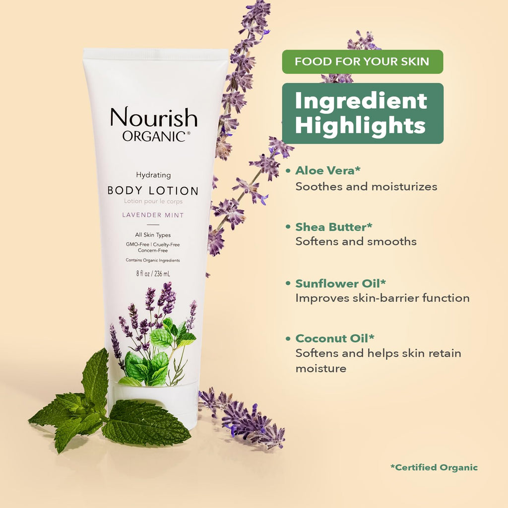 Nourish Organic Lavender Mint Body Lotion – Hydrating with Organic Aloe Vera, Shea Butter & Coconut Oil (8 oz) + Washable Cotton Round