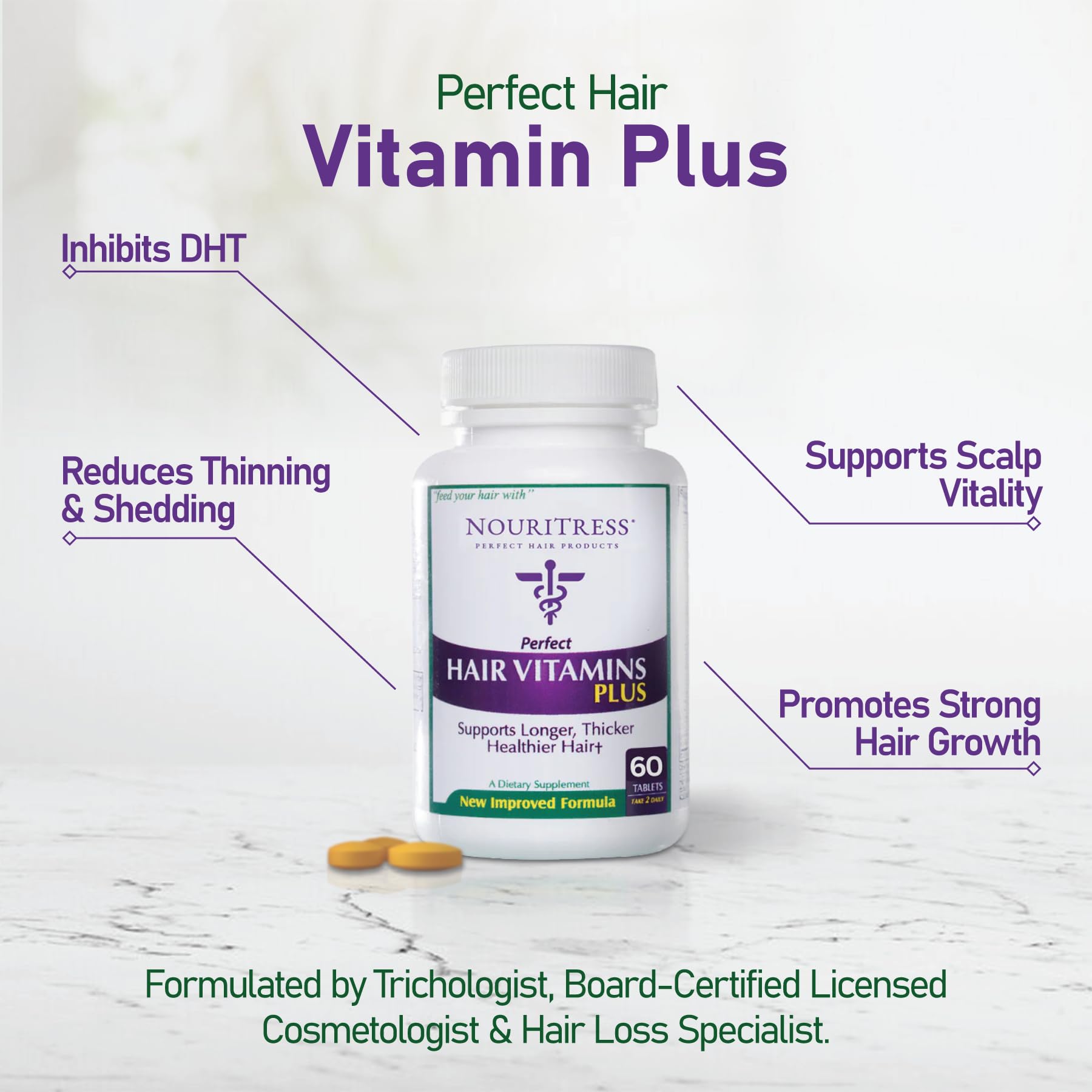 NouriTress Perfect Hair Vitamins Plus – 60 Tabs, DHT Blocker Formula, Salon-Strength