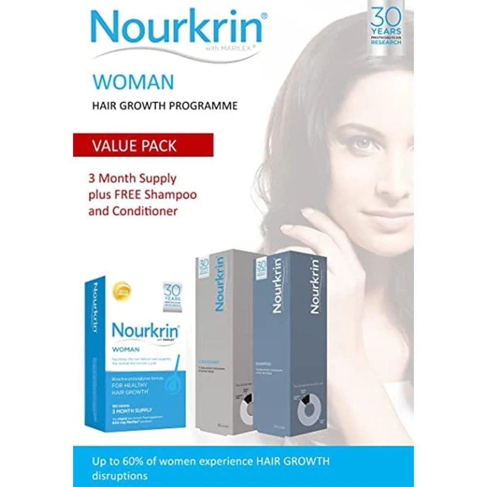 Nourkrin Woman Value Pack – 180 Tablets + Free Shampoo & Conditioner | Hair Nutrition for Women