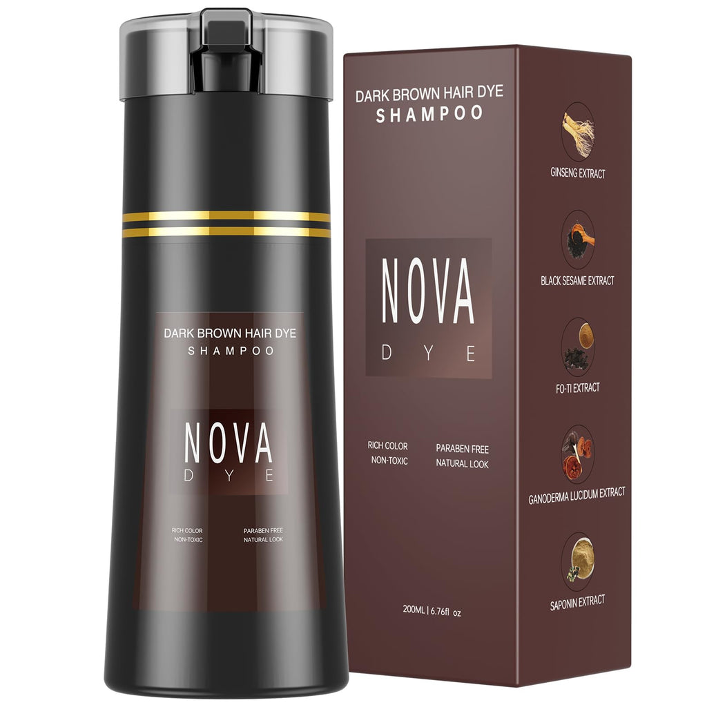 NOVA DYE Hair Dye Shampoo 3-in-1 | Natural Grey Coverage for Dark Brown Hair