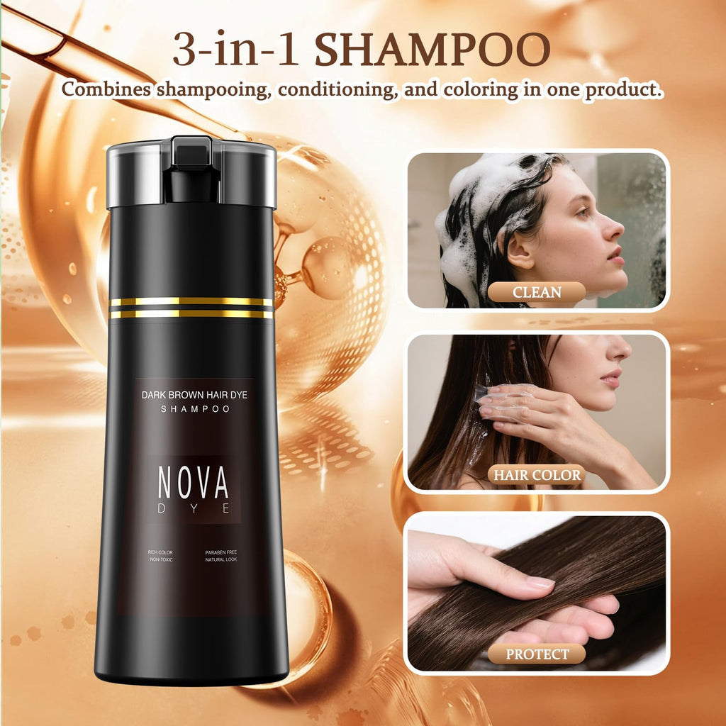 NOVA DYE Hair Dye Shampoo 3-in-1 | Natural Grey Coverage for Dark Brown Hair