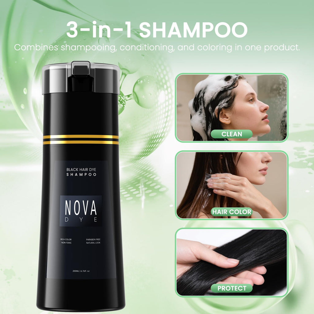 NOVA DYE Black Hair Dye Shampoo 3 in 1 | Natural Gray Coverage for Men & Women | Herbal Formula