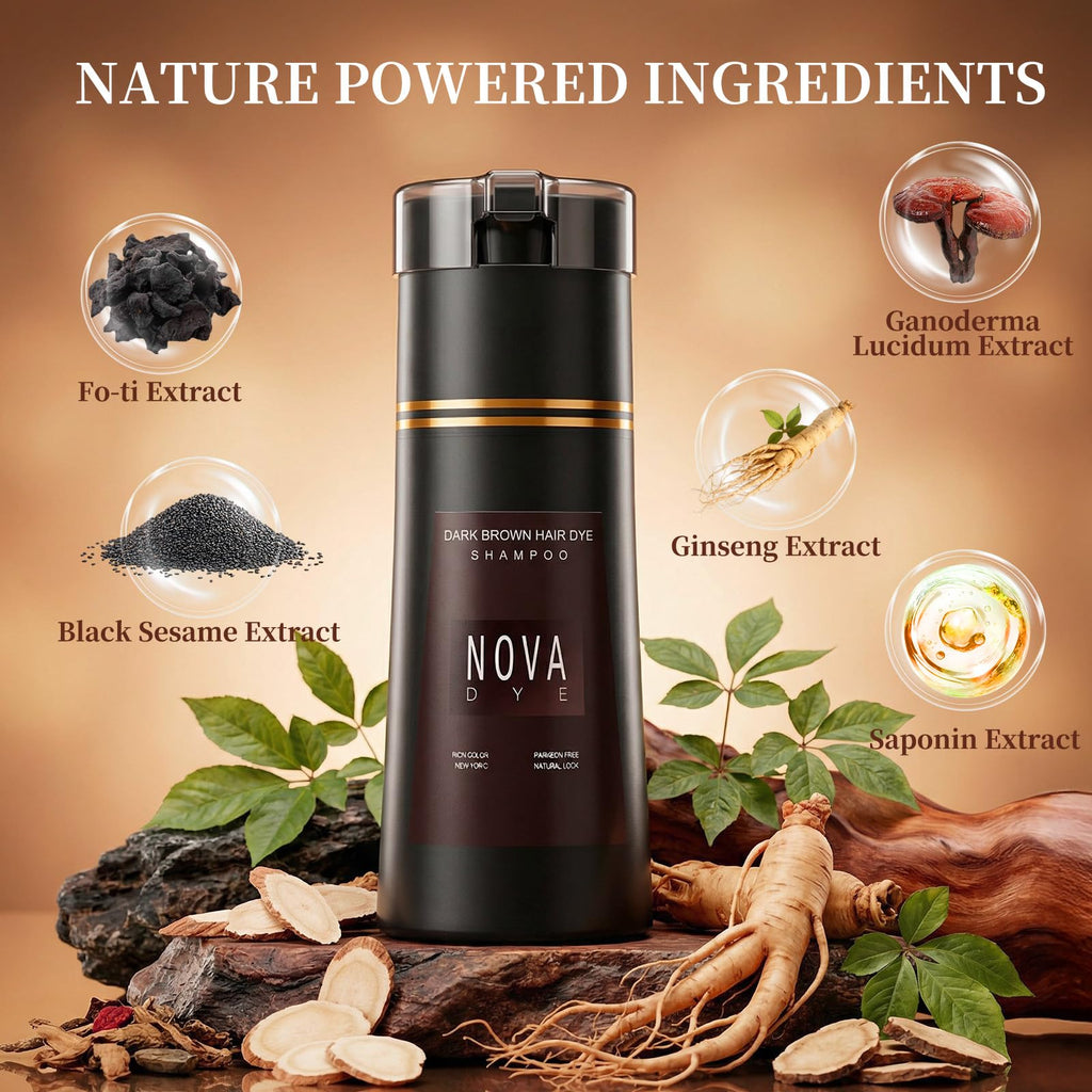 NOVA DYE Hair Dye Shampoo 3-in-1 | Natural Grey Coverage for Dark Brown Hair