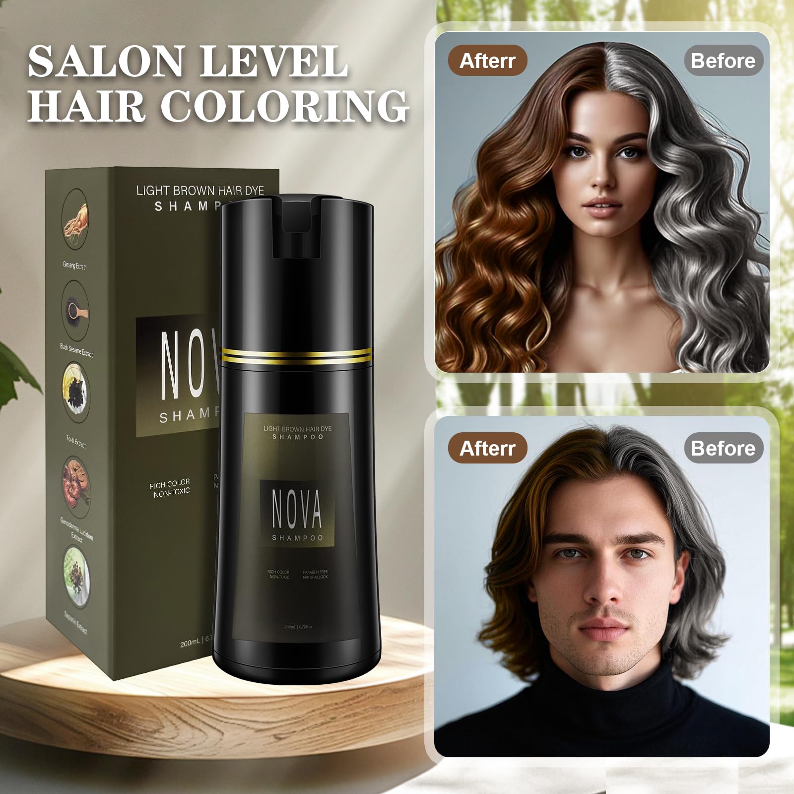 NOVA SHAMPOO Hair Dye Shampoo & Gray Coverage - Natural 3-in-1 Instant Color for Men & Women (Light Brown, 200ml)