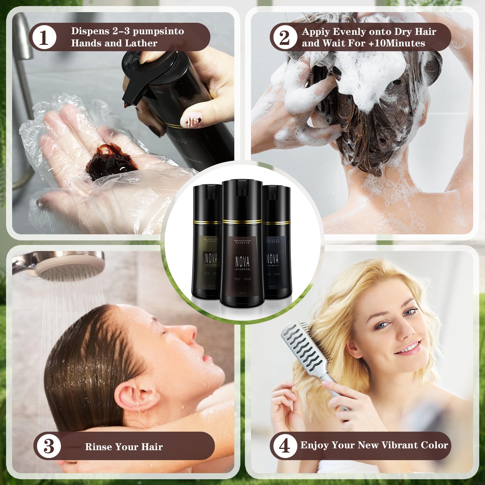 Nova Shampoo Hair Dye 3-in-1 for Gray Coverage - Dark Brown (200ml)