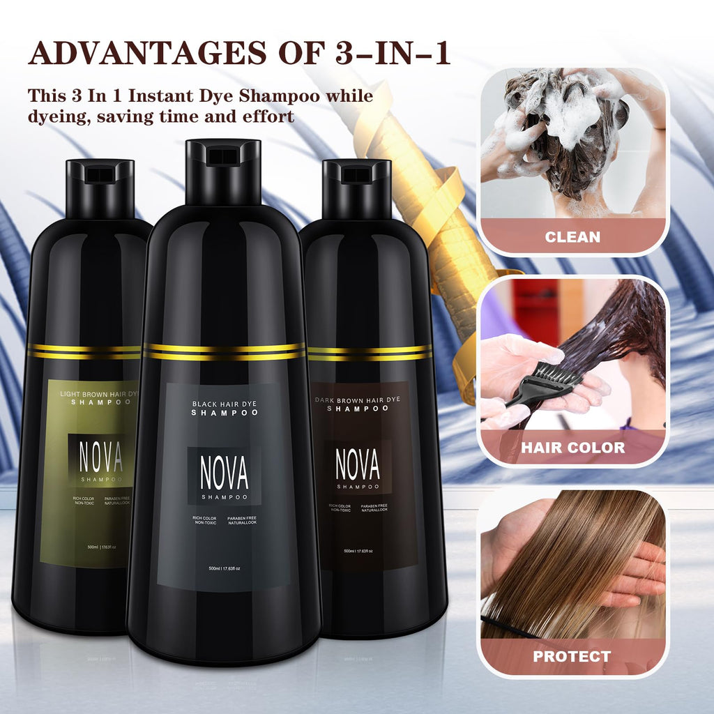 NOVA SHAMPOO Hair Dye Shampoo – 3-in-1 Gray Coverage for Men & Women, Black, 500ml