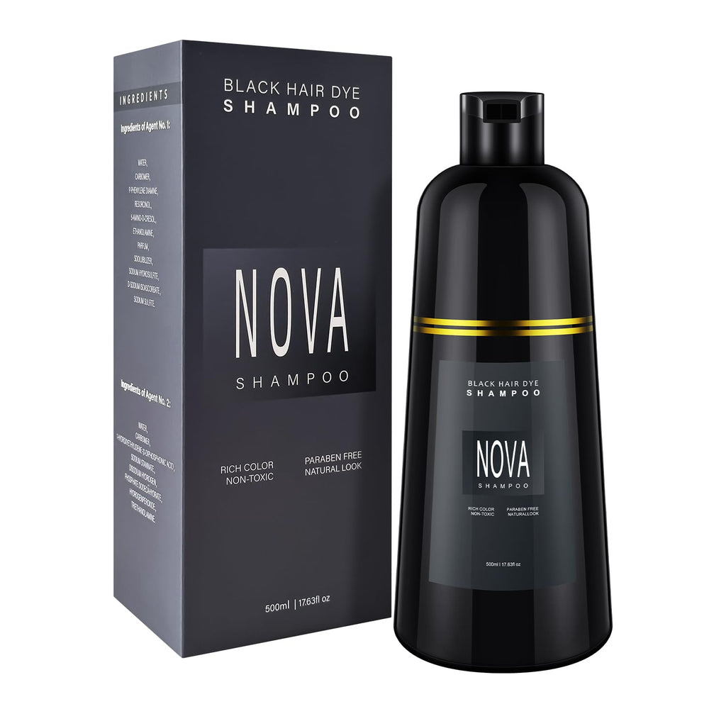 NOVA SHAMPOO Hair Dye Shampoo – 3-in-1 Gray Coverage for Men & Women, Black, 500ml