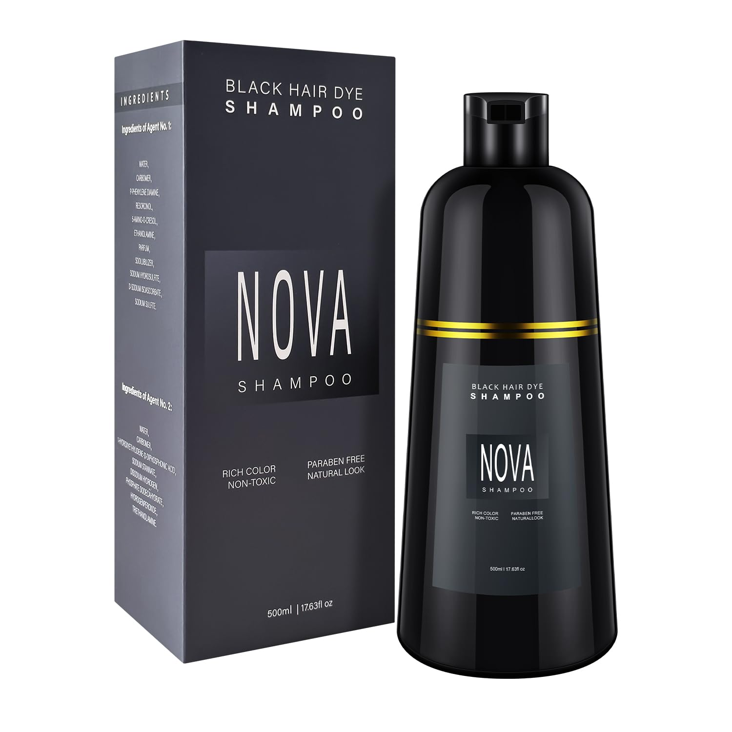 NOVA SHAMPOO Hair Dye Shampoo – 3-in-1 Gray Coverage for Men & Women, Black, 500ml