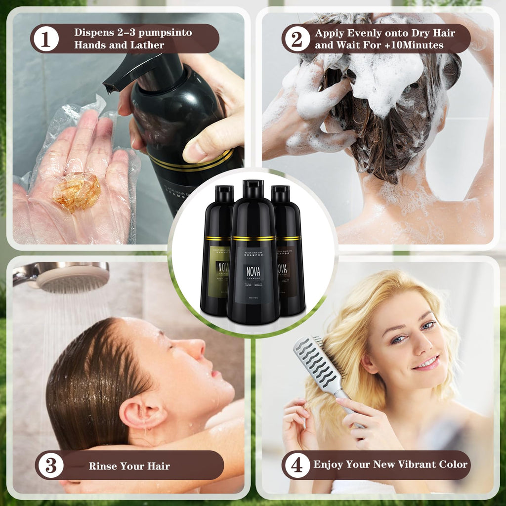 NOVA SHAMPOO Hair Dye Shampoo – 3-in-1 Gray Coverage for Men & Women, Black, 500ml
