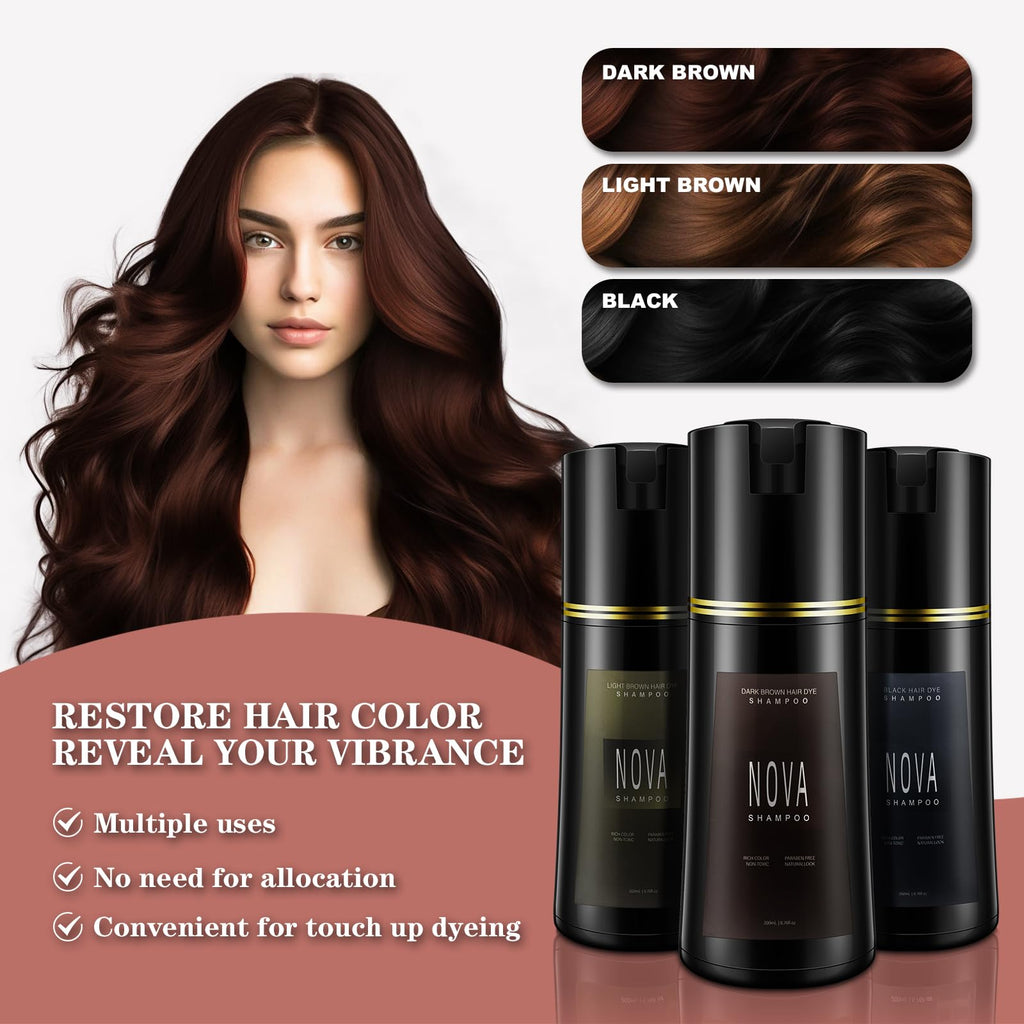 NOVA SHAMPOO Hair Dye Shampoo & Gray Coverage - Natural 3-in-1 Instant Color for Men & Women (Light Brown, 200ml)