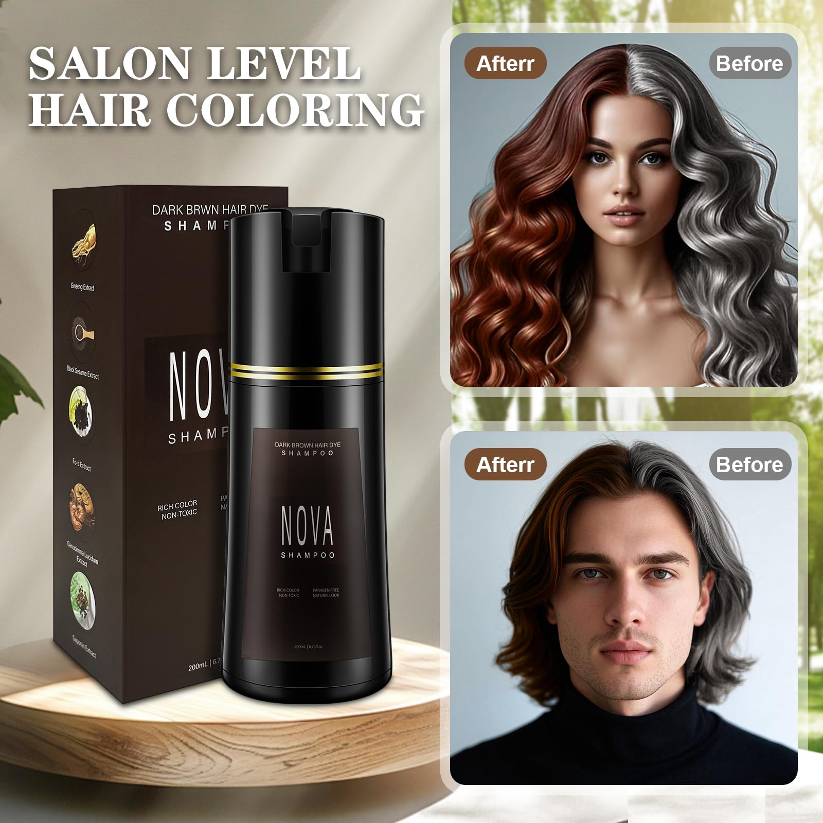 Nova Shampoo Hair Dye 3-in-1 for Gray Coverage - Dark Brown (200ml)
